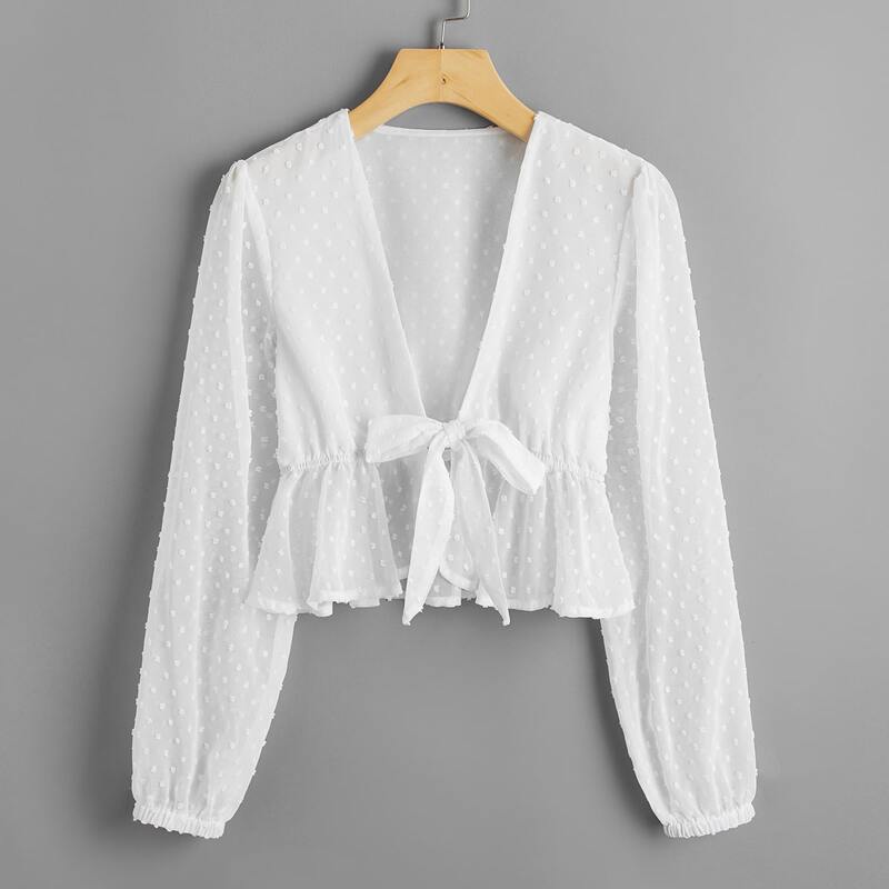 

Swiss Dot Tie Front Crop Top, White