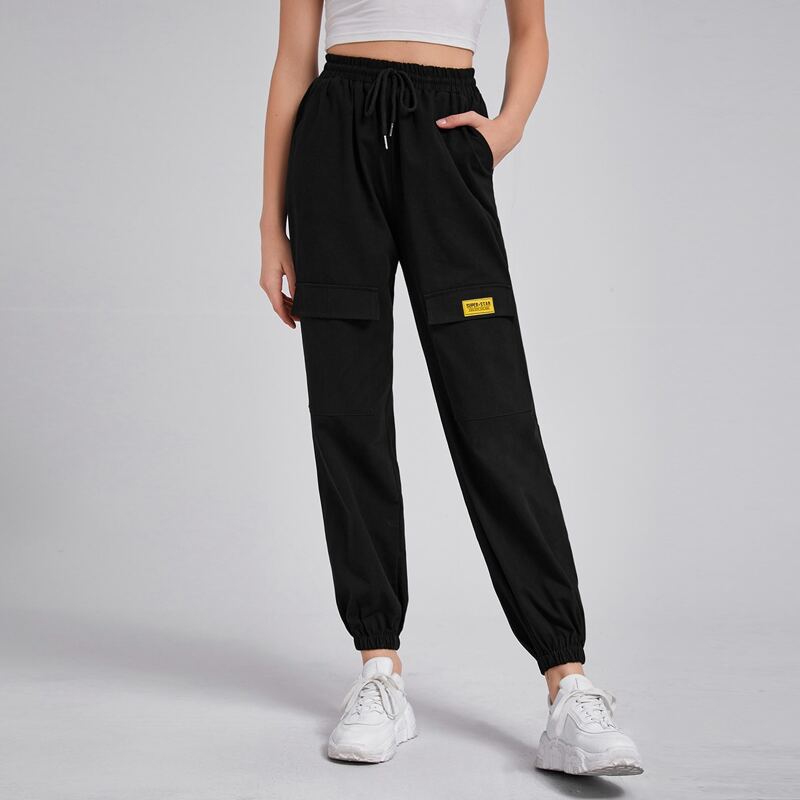 

Letter Tie Front Cargo Pants, Black