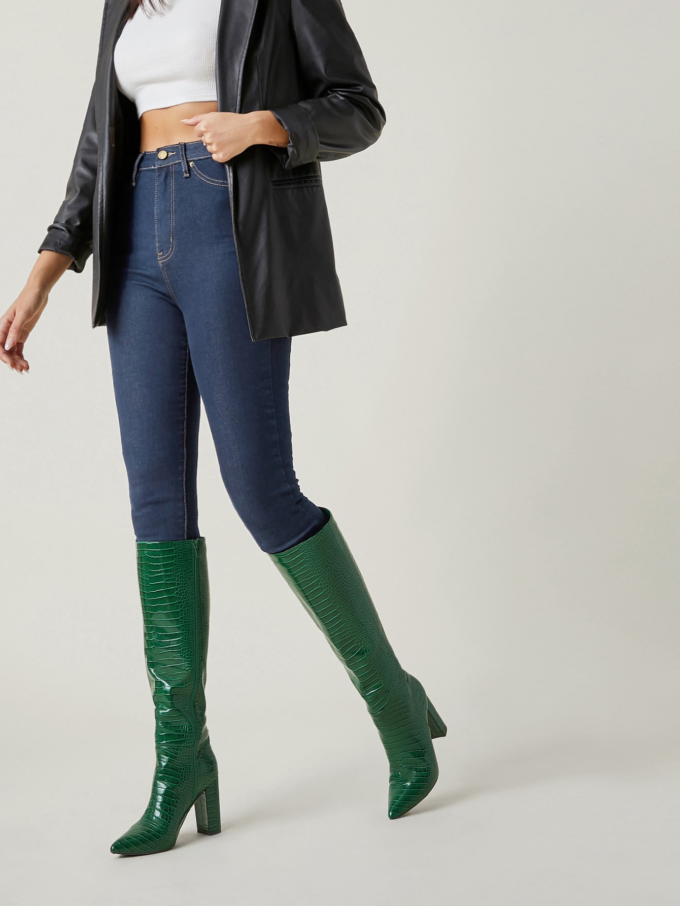 Vegan Croc Leather Zippered Knee High Booties thumbnail