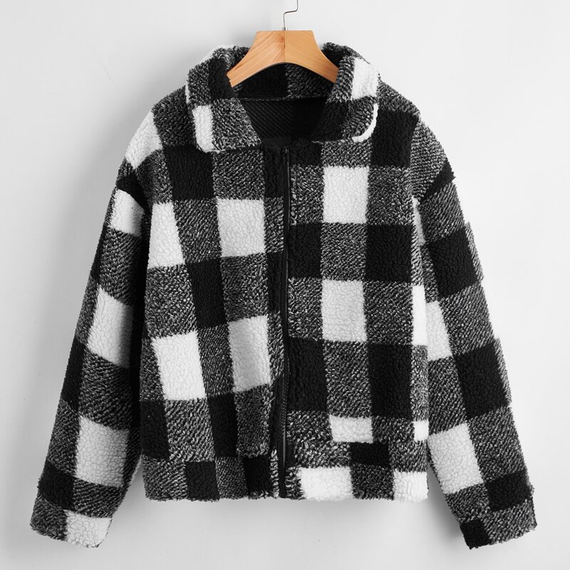 

Plaid Zip Up Teddy Jacket, Black and white