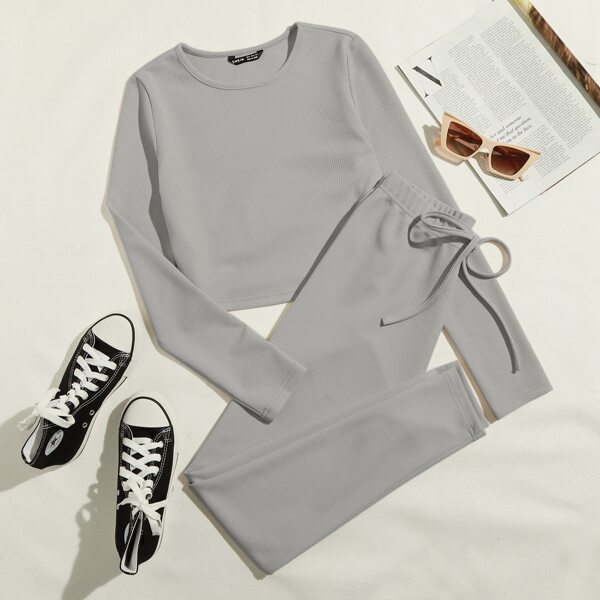 

Rib-knit Solid Top & Tie Waist Leggings Set, Light grey