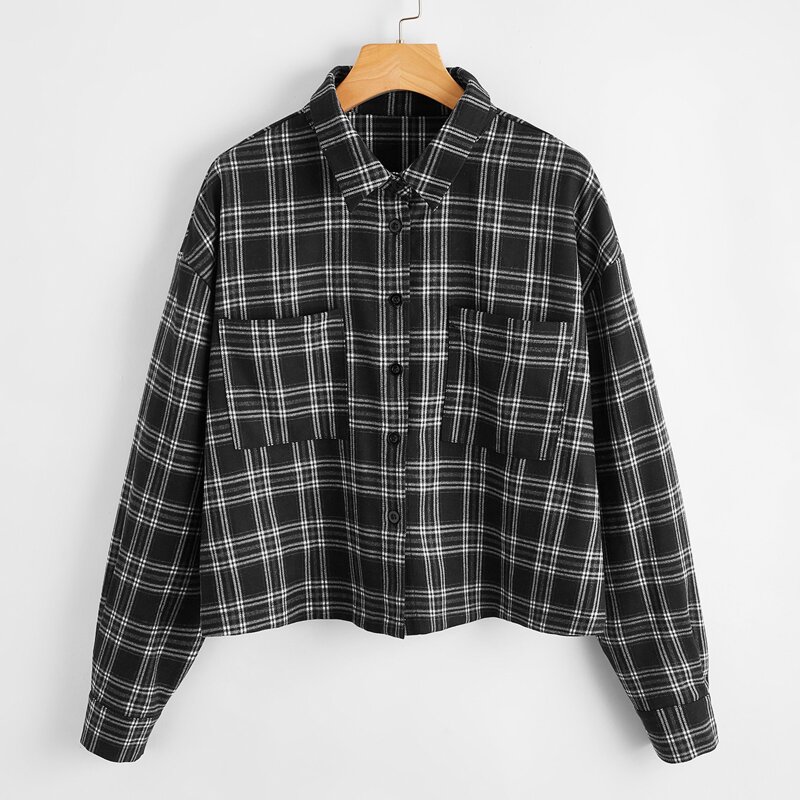 

Plaid Button Front Pocket Jacket, Black and white