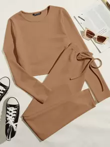 SHEIN EZwear 羅紋針織素色上衣和繫帶腰緊身褲套裝 - 駝色 - 查看 1