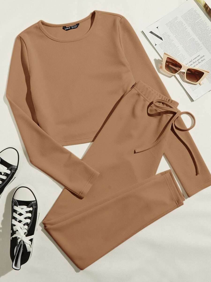 SHEIN EZwear 羅紋針織素色上衣和繫帶腰緊身褲套裝 - 駝色 - 查看 1