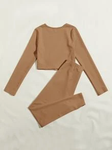 SHEIN EZwear 羅紋針織素色上衣和繫帶腰緊身褲套裝 - 駝色 - 查看 2