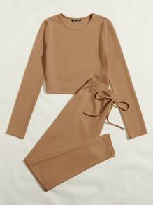 SHEIN EZwear 羅紋針織素色上衣和繫帶腰緊身褲套裝 - 駝色 - 查看 3
