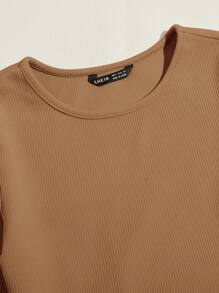 SHEIN EZwear 羅紋針織素色上衣和繫帶腰緊身褲套裝 - 駝色 - 查看 4