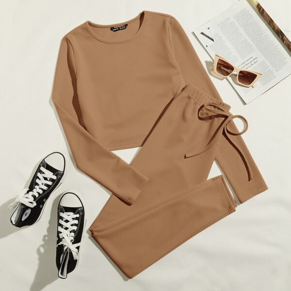 

Rib-knit Solid Top & Tie Waist Leggings Set, Camel