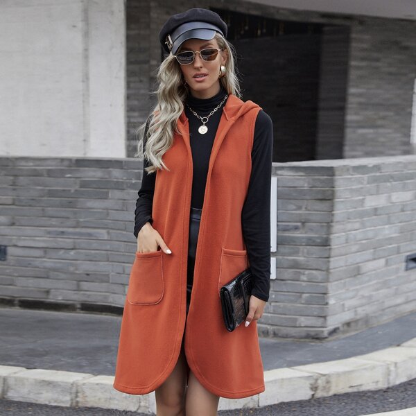 

Dual Pocket Hooded Sleeveless Fleece Coat, Burnt orange