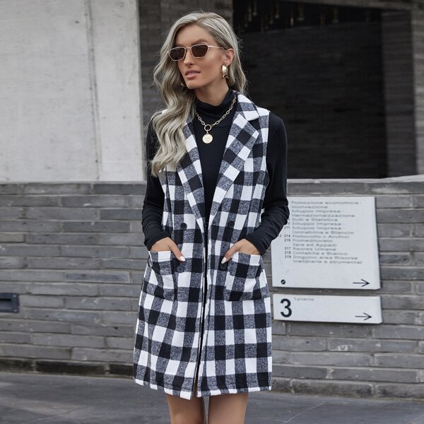 

Buffalo Plaid Lapel Neck Sleeveless Overcoat, Black and white