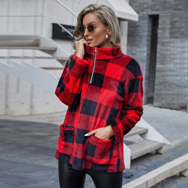 

Buffalo Plaid Dual Pocket Half Zip Teddy Sweatshirt, Red