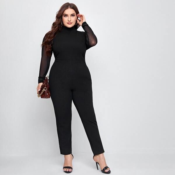 

Plus Mock Neck Mesh Raglan Sleeve Jumpsuit, Black