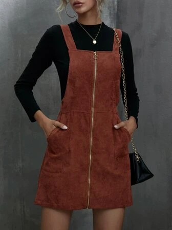 Corduroy O-Ring Zipper Mini Overall Dress