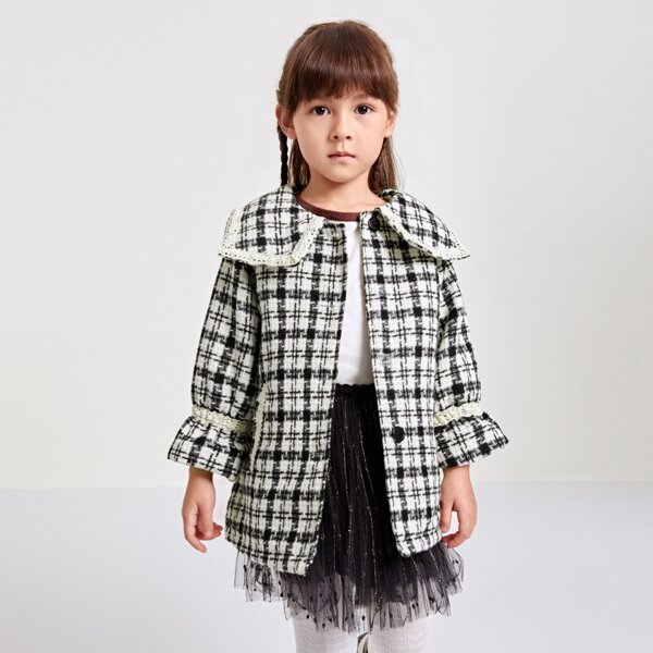 

Toddler Girls Statement Collar Dobby Mesh Hem Tweed Coat, Black and white