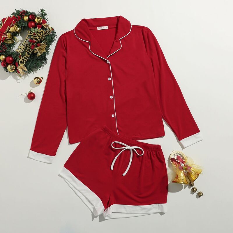 

Contrast Piping Button Up PJ Set, Red