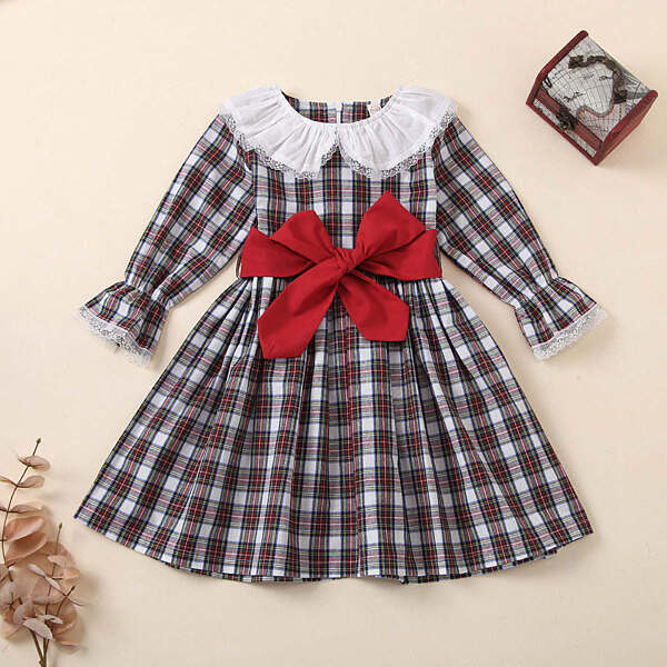 

Toddler Girls Tie Front Peter Pan Collar Tartan Dress, Multicolor