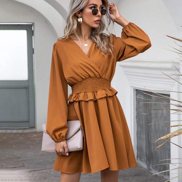 

Shirred Waist Ruffle Surplice Front Dress, Ginger