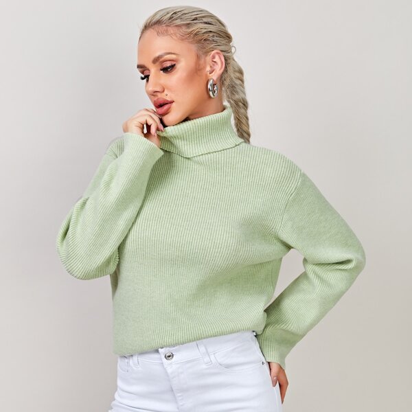 

Rolled Neck Drop Shoulder Sweater, Pastel mint green