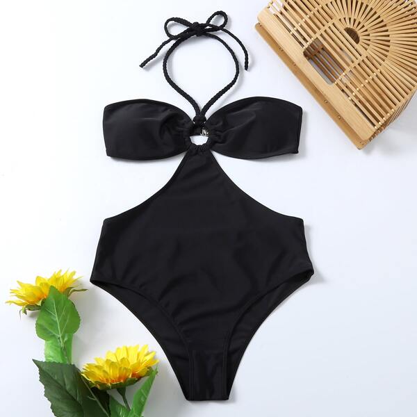 

Cut-out Ring Linked Halter One Piece Swimsuit, Black