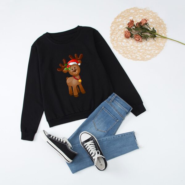 

1pc Christmas Deer Print Long Sleeve Sweatshirt, Black