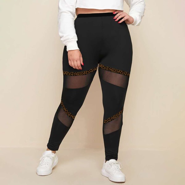 

Plus Leopard Trim Contrast Mesh Leggings, Black