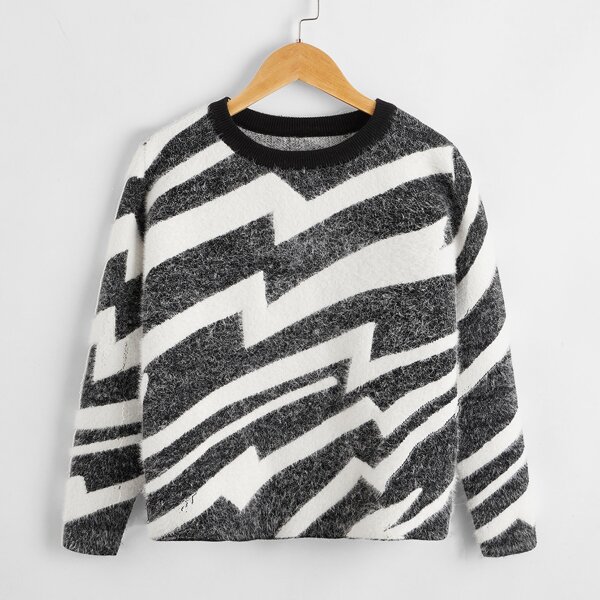

Boys Contrast Panel Fuzzy Sweater, Black and white