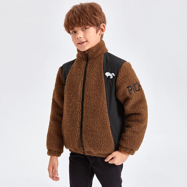 

Boys Letter & Panda Embroidery Teddy Jacket, Multicolor