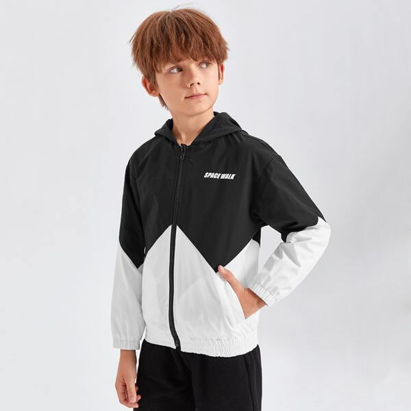 

Boys Letter Graphic Colorblock Zip Up Hooded Jacket, Black and white