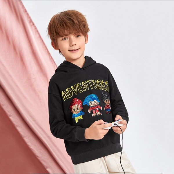 

Boys Letter Embroidery Cartoon Sequins Drop Shoulder Hoodie, Black