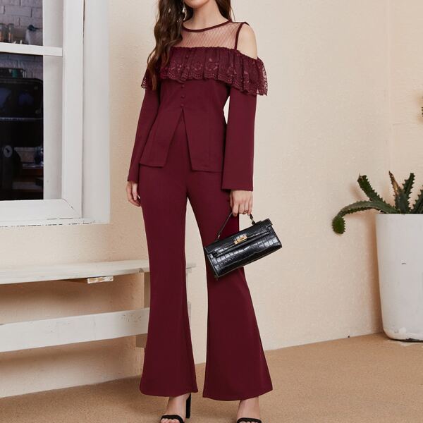 

Cold Shoulder Lace Ruffle Hem Top & Wide Leg Pants Set, Maroon