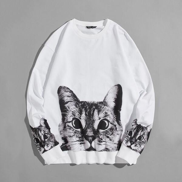 

Men Drop Shoulder Cat Print Pullover, White