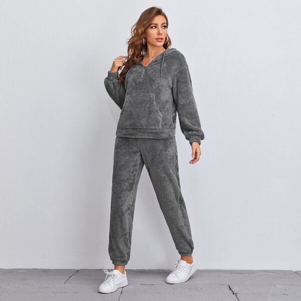 

Drawstring Hooded Teddy Hoodie & Sweatpants Set, Dark grey