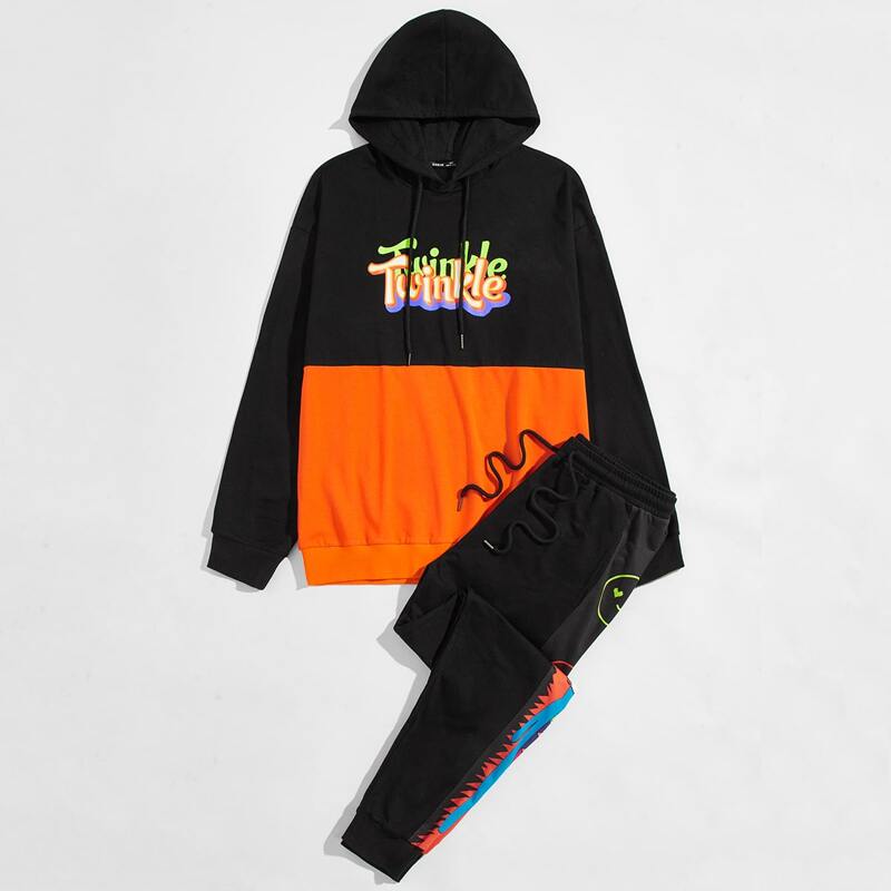 

Guys Letter & Cartoon Graphic Hoodie and Drawstring Sweatpants Set, Multicolor