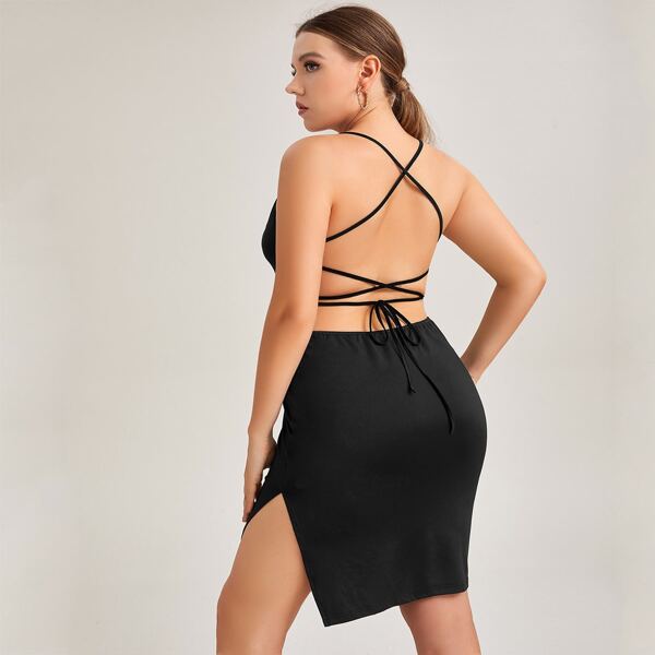 

Plus Crisscross Open Back Cami Bodycon Dress, Black