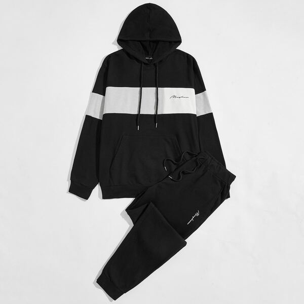 

Men Letter Graphic Colorblock Hoodie & Sweatpants Set, Black
