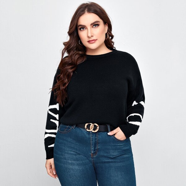 

Plus Drop Shoulder Letter Pattern Sweater, Black