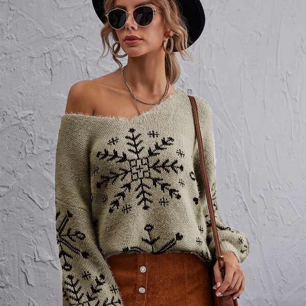 

Drop Shoulder Snowflake Pattern Sweater, Khaki