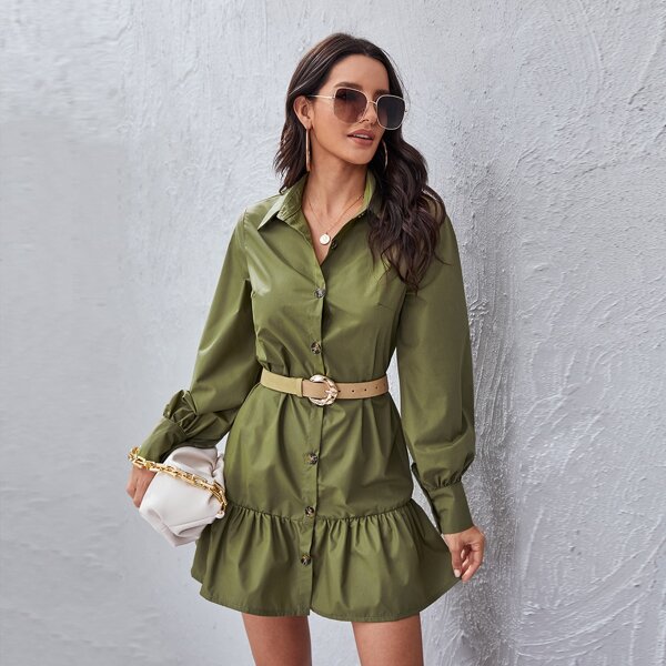 

Button Front Ruffle Hem Dress Without Belt, Olive green