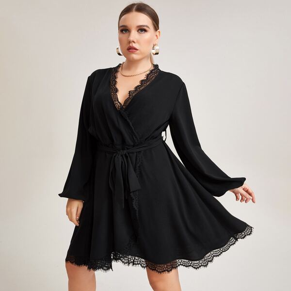 

Plus Lace Trim Belted Wrap Dress, Black