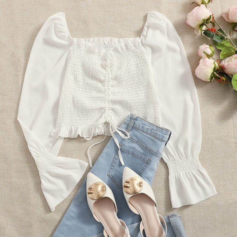 

Shirred Drawstring Crop Top, White