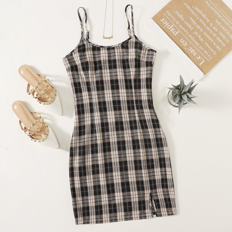

Slit Hem Plaid Cami Dress, Multicolor
