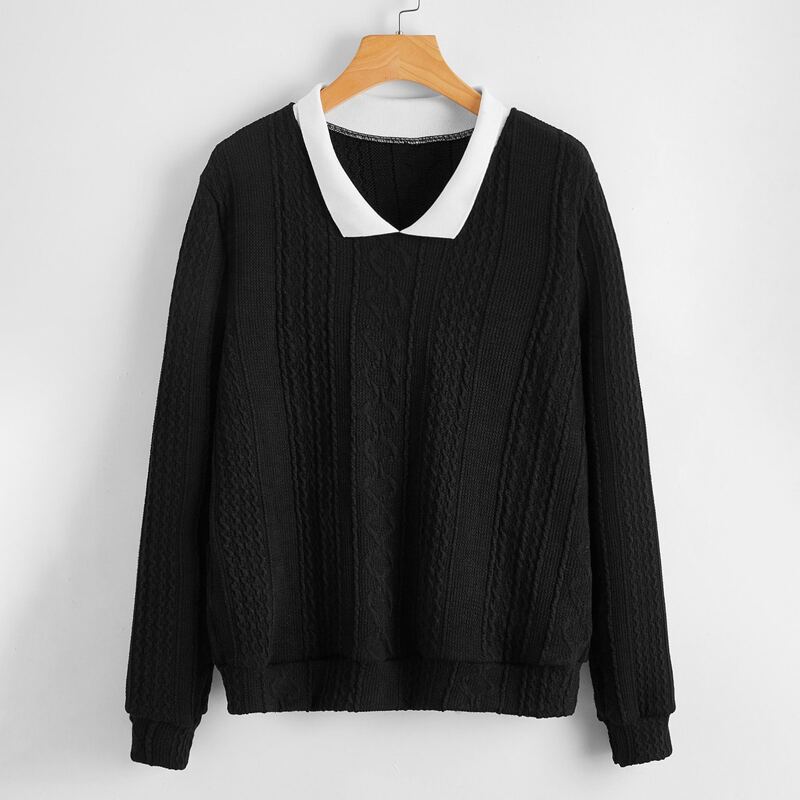 

Contrast Collar Cable Knit Sweater, Black