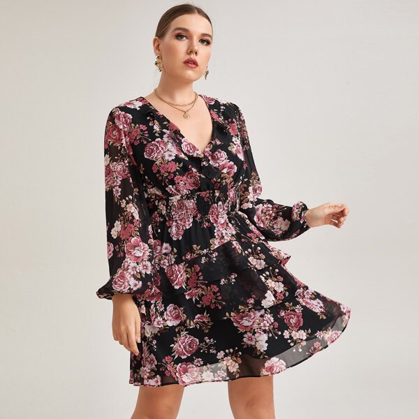 

Plus Floral Shirred Waist Layered Hem Dress, Multicolor
