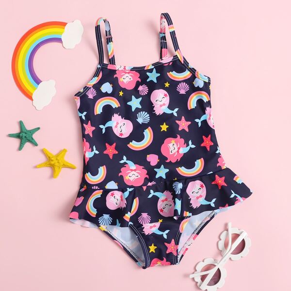 

Toddler Girls Cartoon Graphic Ruffle One Piece Swimsuit, Multicolor