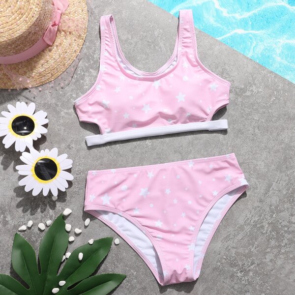 

Girls Star Print Cut-out Side Bikini Swimsuit, Pastel baby pink