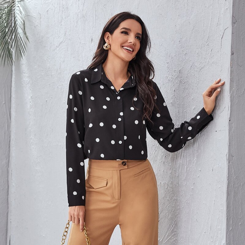 

Collared Buttoned Front Polka Dot Blouse, Black
