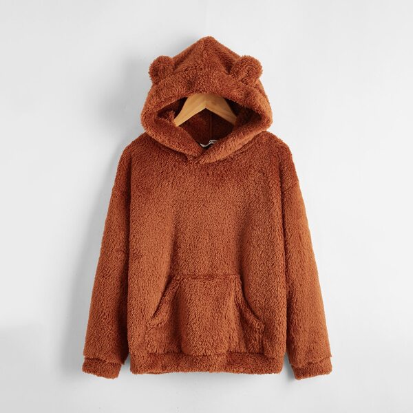

Boys Kangaroo Pocket Teddy Ear Hoodie, Rust brown