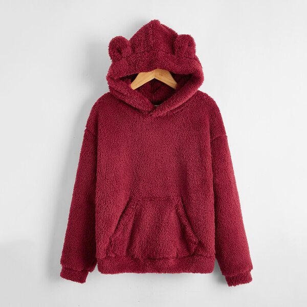 

Boys Kangaroo Pocket Teddy Ear Hoodie, Rose red