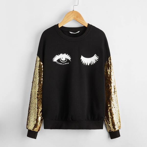 

Girls Eye and Eyelash Print Sequin Sleeve Pullover, Black