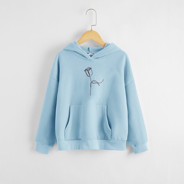 

Girls Floral Print Drop Shoulder Hoodie, Pastel baby blue